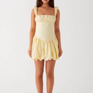 Peppermayo Clove Mini Dress Yellow Square Neck Bubble Skirt Ruched Straps Y2K 10